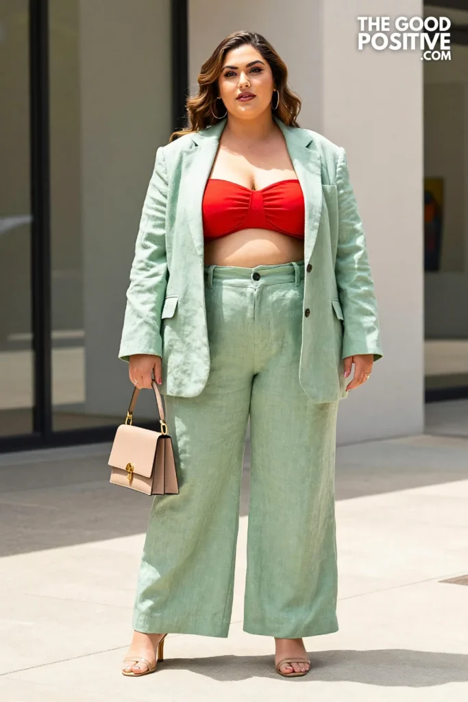 Plus Size Structured Linen Blazer With Flared Trousers and Bandeau Top Outfit