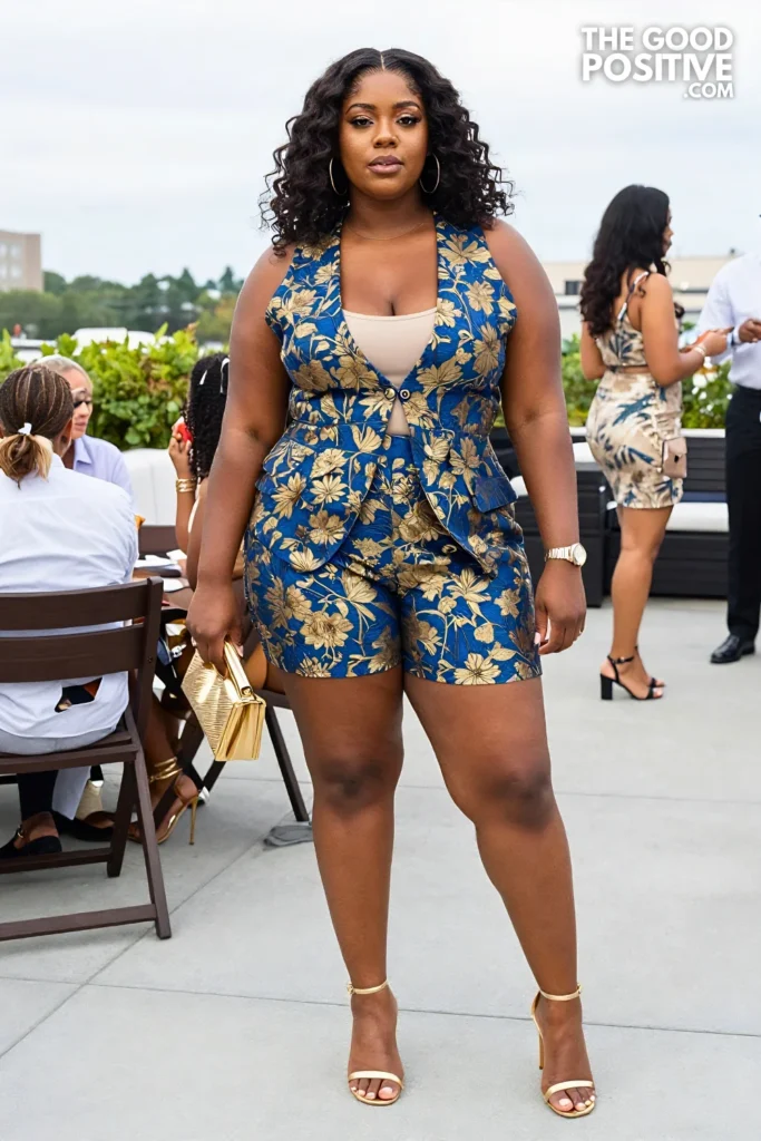 Plus Size Textured Jacquard Co-Ord Set With Shorts and Longline Vest Outfit