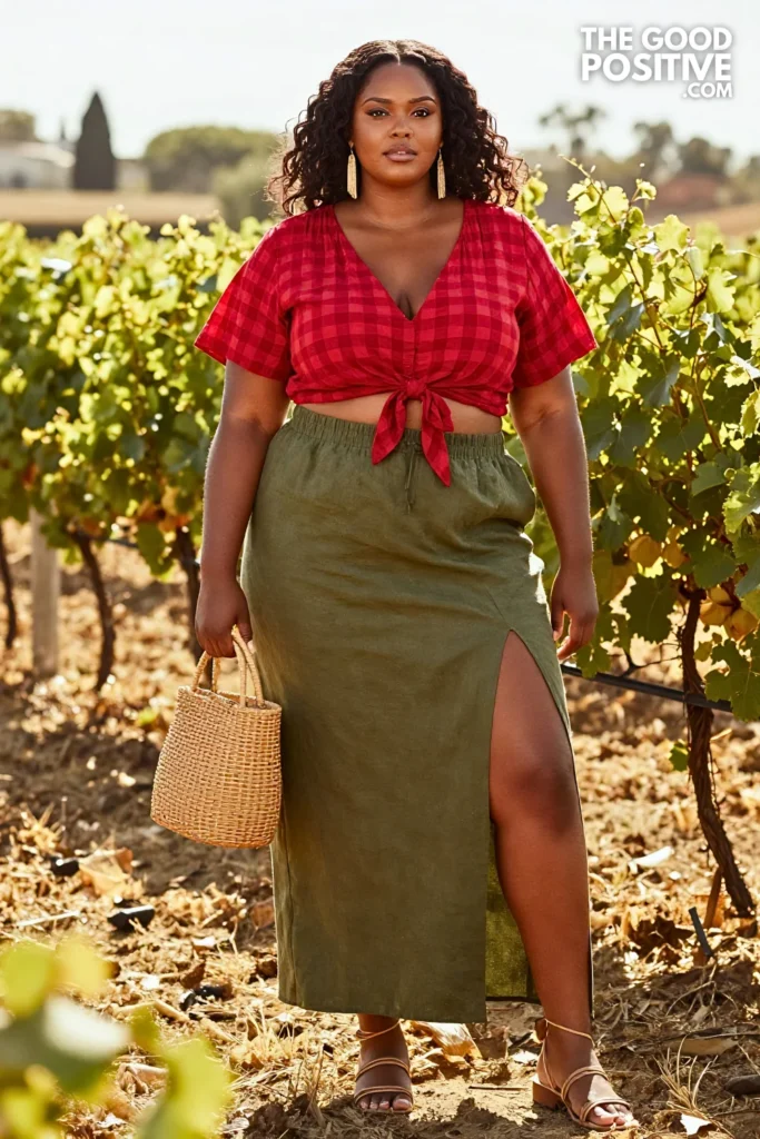 Plus Size Tie-Front Short Sleeve Blouse With High-Waist Maxi Skirt Outfit