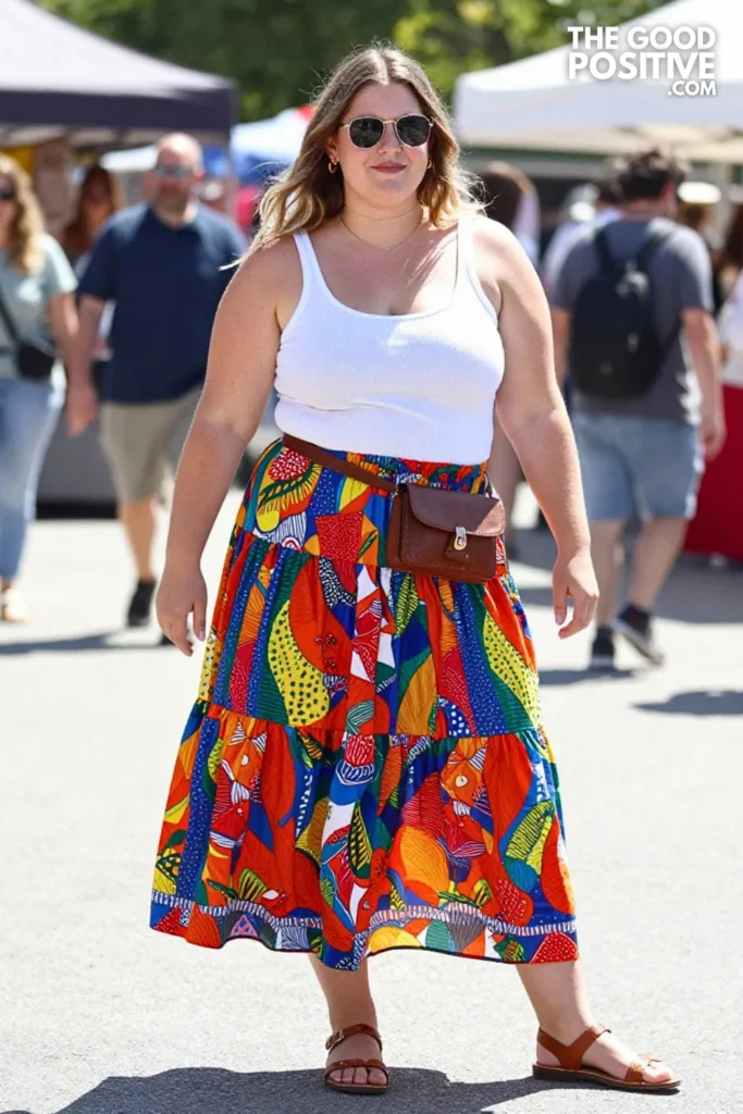 Plus Size Tiered Skirt and Fitted Tank Top Outfit