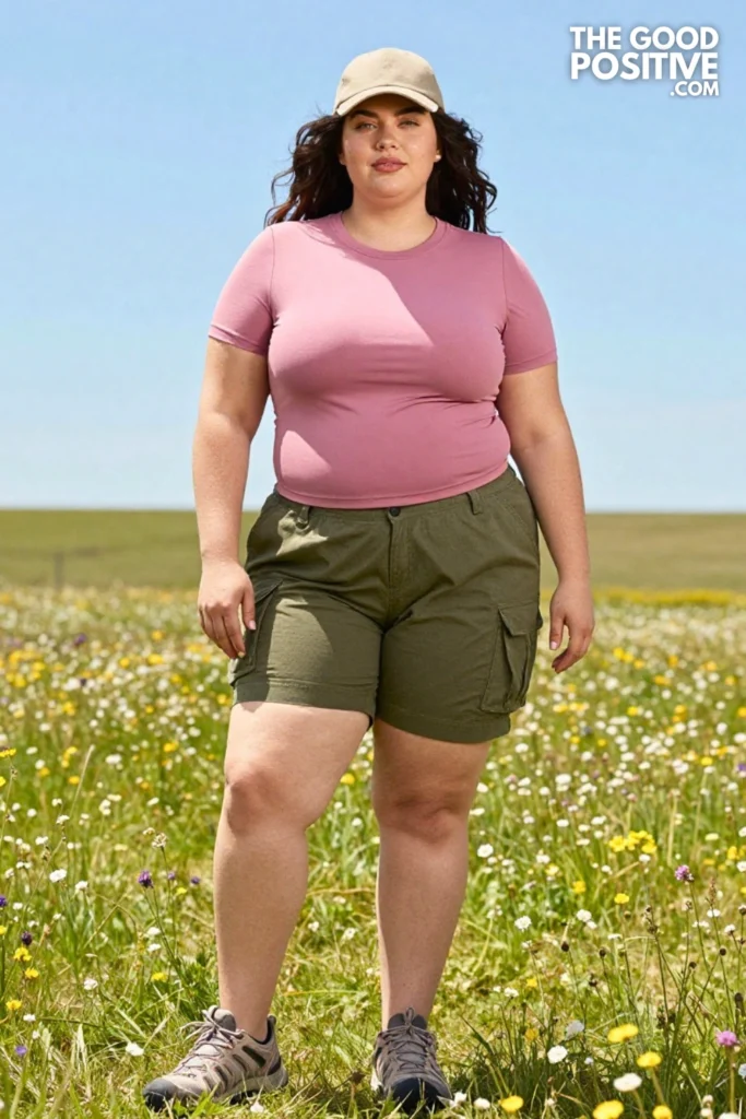 Plus Size Utility Cargo Shorts & Fitted Compression Tee Outfit