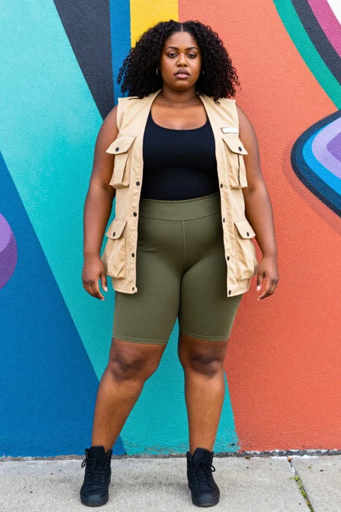 Plus Size Utility Vest and Biker Shorts Outfit