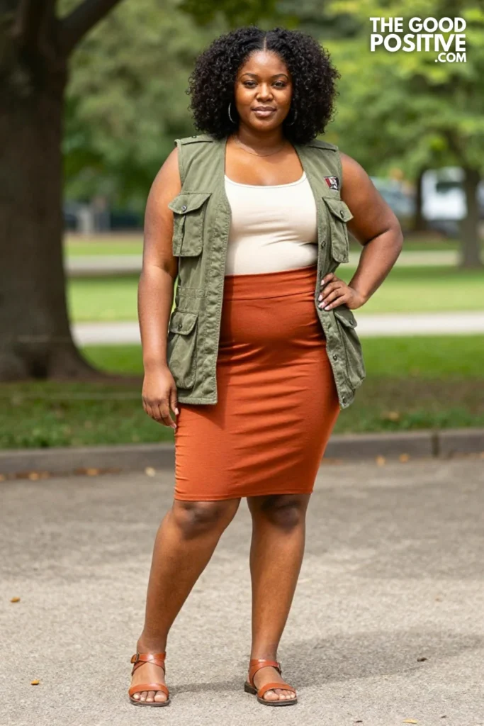 Plus Size Utility Vest and Maxi Skirt Outfit