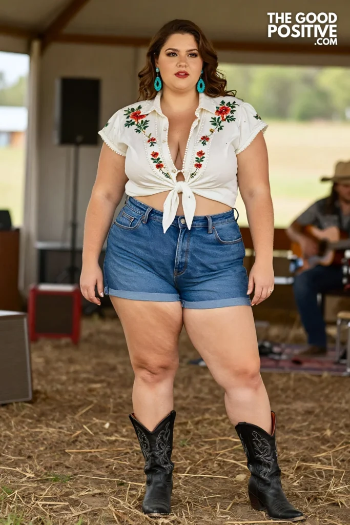 Plus Size Vintage-Wash Denim Shorts, Embroidered Western Shirt and Block Heel Boots Outfit