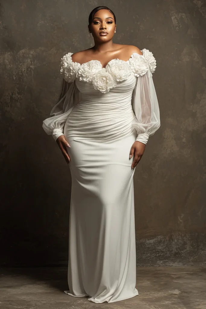 Plus Size Wedding Elegant White Off The Shoulder Lantern Sleeve Long Sleeve 3D Chiffon Satin Maxi Dress