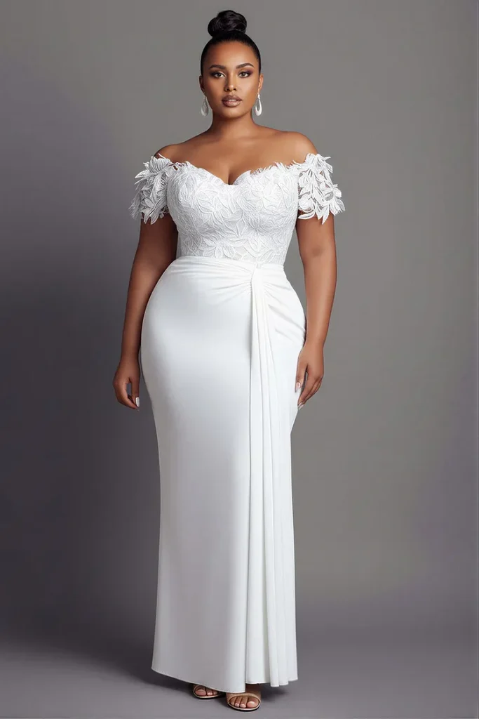 Plus Size Wedding Elegant White Off The Shoulder Short Sleeve Bodycon Fold Maxi Dress