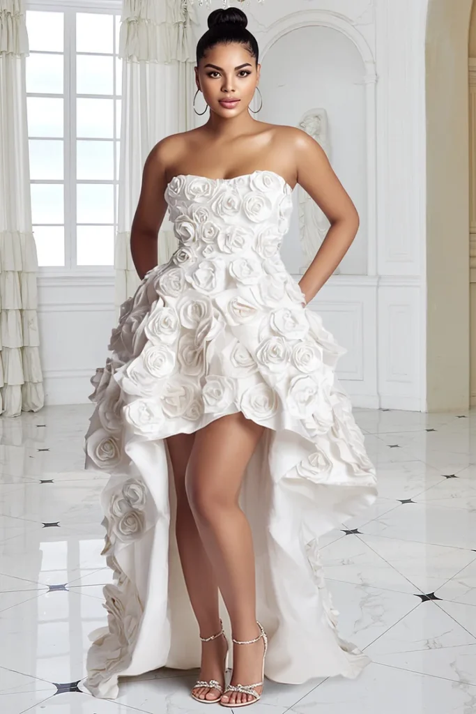 Plus Size Wedding Elegant White Strapless 3D High Low Hem Satin Mini Dress