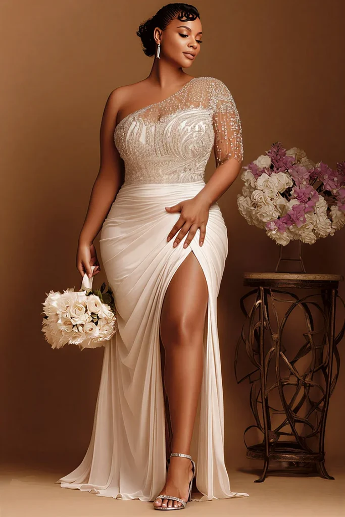 Plus Size Wedding Ivory One Shoulder Split Drilling Satin Maxi Dress