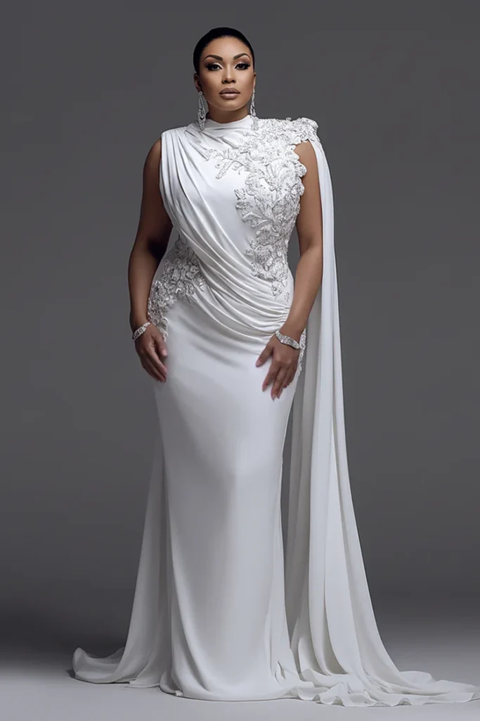 Plus Size Wedding Lace White Round Neck Cape Sleeve Fold Chiffon Maxi Dress