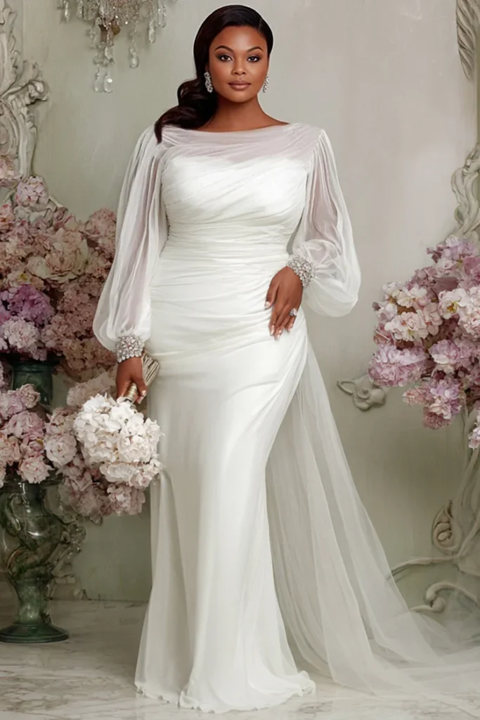 Plus Size Wedding Tulle White Boat Neck Lantern Sleeve Long Sleeve With Skirt Overlay See Through Satin Maxi Dress