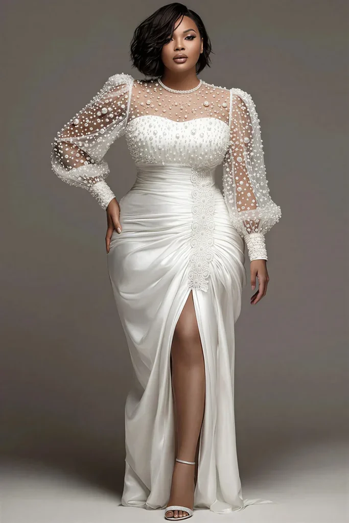 Plus Size Wedding Tulle White Round Neck Puff Sleeve Long Sleeve See Through Pearls Satin Maxi Dress