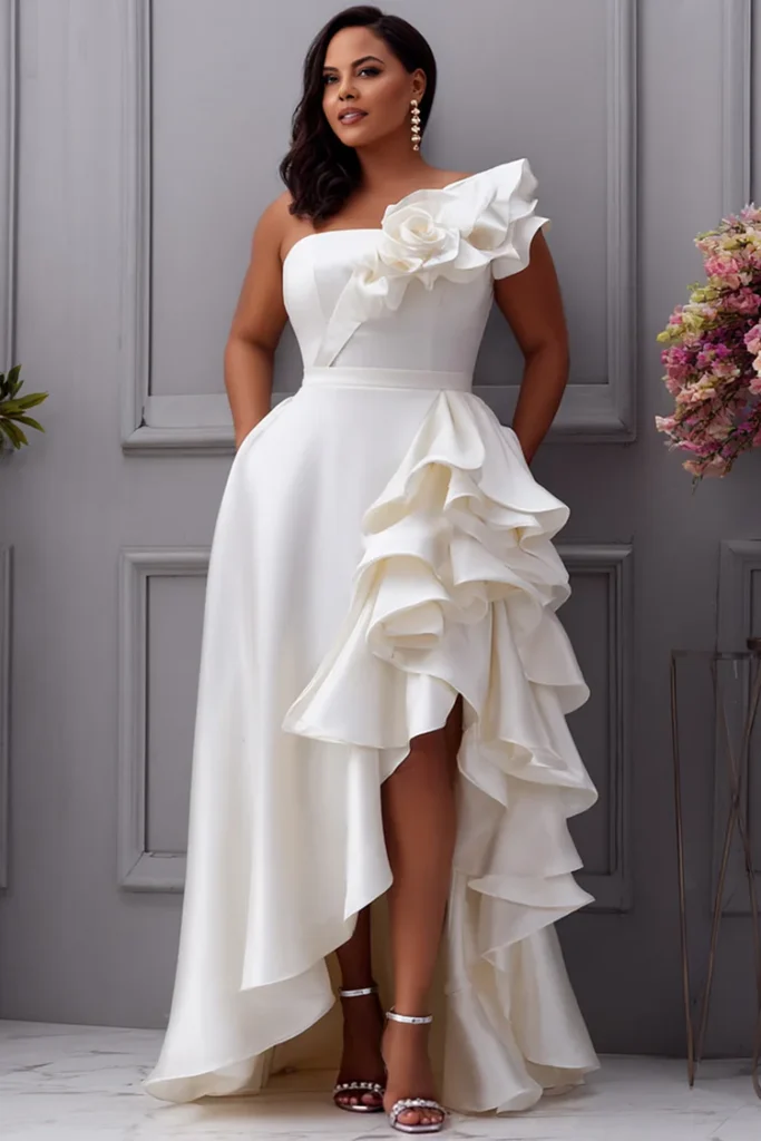 Plus Size Wedding White Oblique Collar Ruffle Pocket Maxi Dress