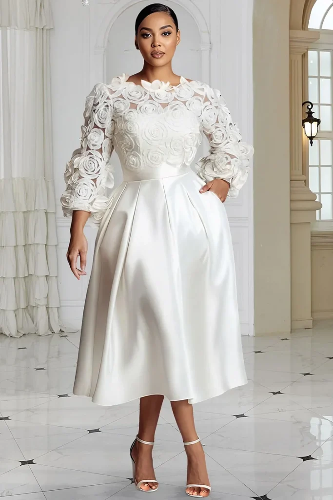 Plus Size Wedding White Round Neck 3:4 Sleeve 3D Elegant Pocket Satin Midi Dress