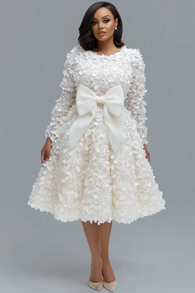 Plus Size Wedding White Round Neck Long Sleeve Bow Tie Elegant 3D Midi Dress