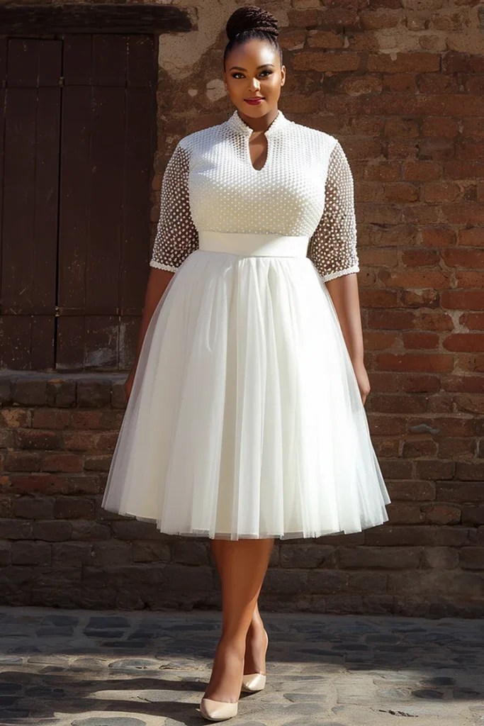 Plus Size Wedding White Round Neck Short Sleeve See Through Tulle Midi Dress