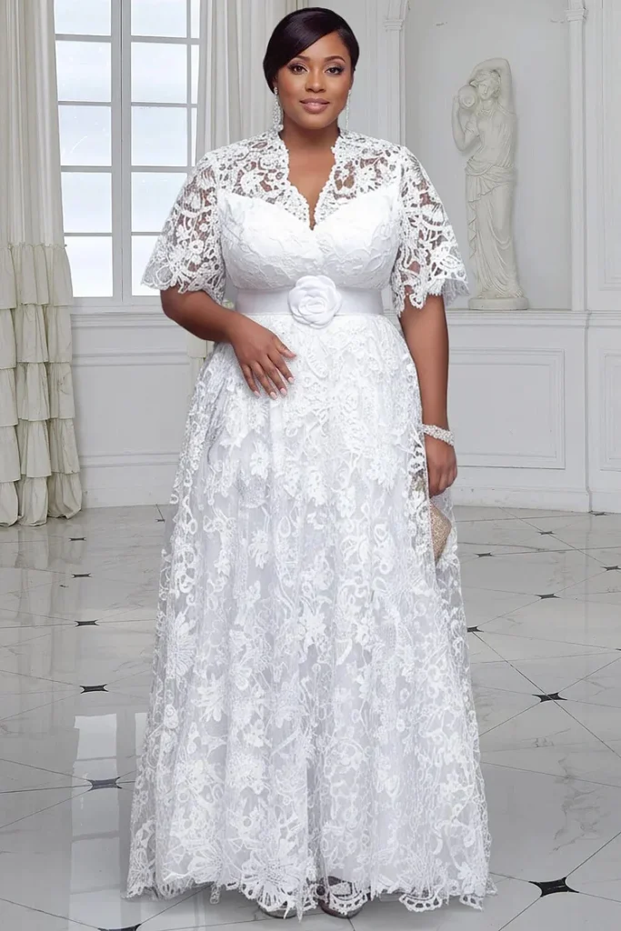 Plus Size Wedding White V Neck Short Sleeve See Through Guipure Lace Maxi Dress