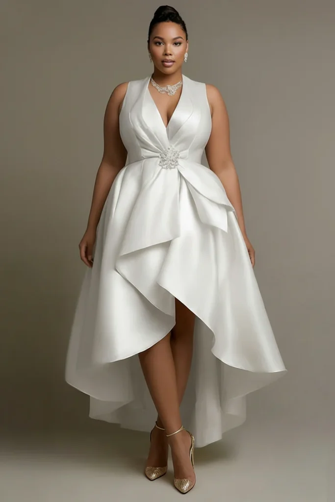 Plus Size Wedding White Wrap Neck High Low Hem Pocket Satin Midi Dress