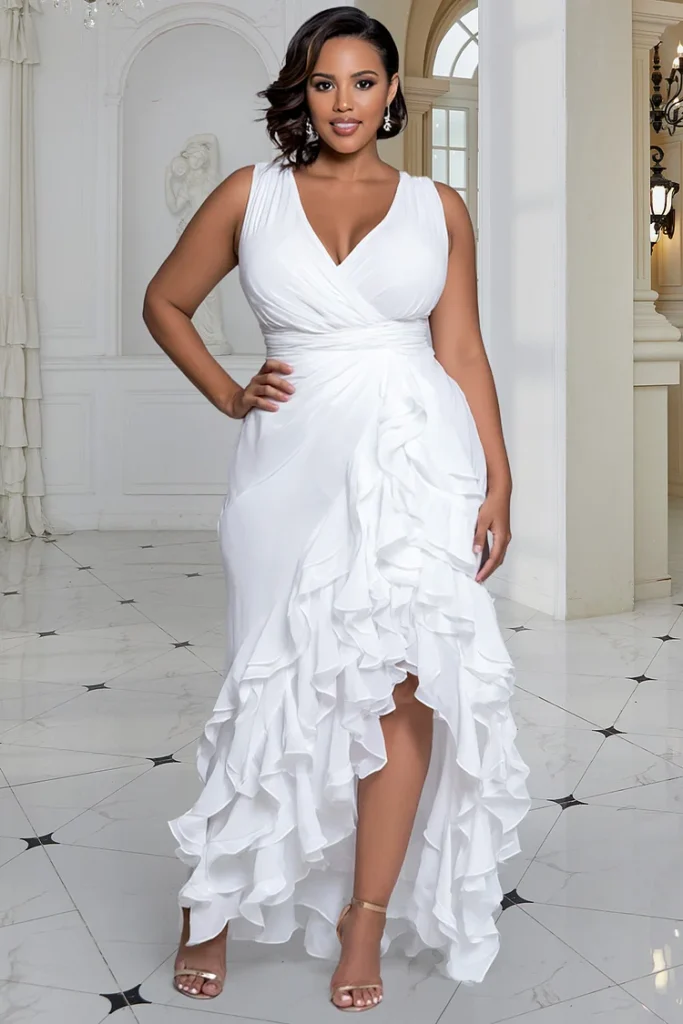 Plus Size Wedding White Wrap Neck Ruffle Tiered Chiffon Maxi Dress