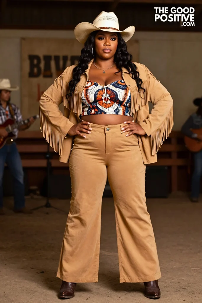 Plus Size Western Print Co-Ord Set, Fringe Jacket and Tall Cowboy Boots Outfit