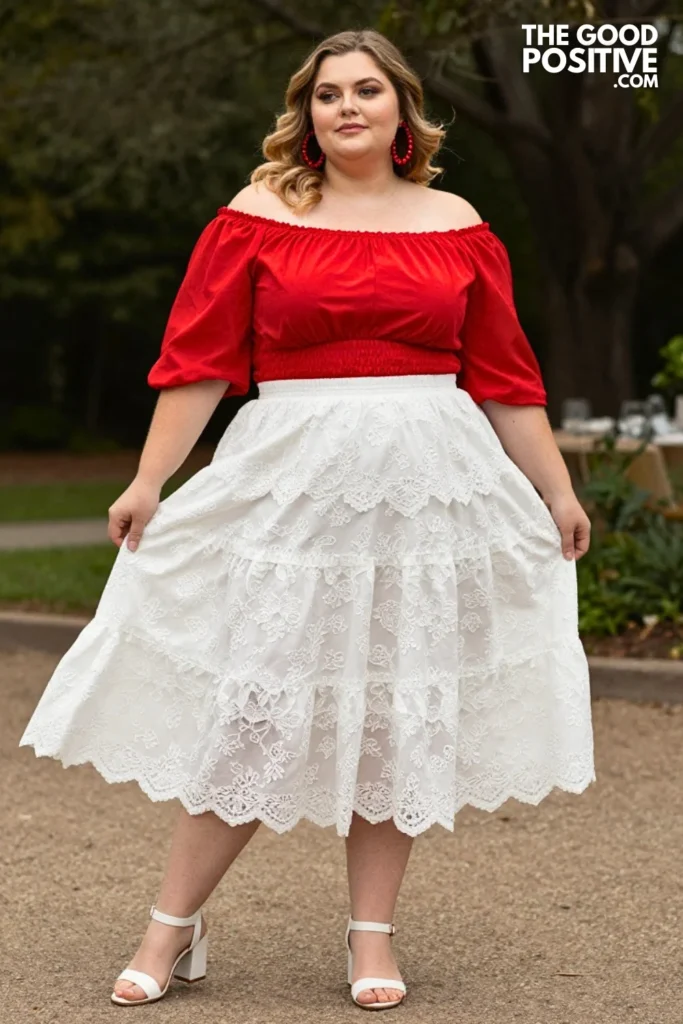 Plus Size White Broderie Anglaise Tiered Midi Skirt & Red Off-Shoulder Top Outfit
