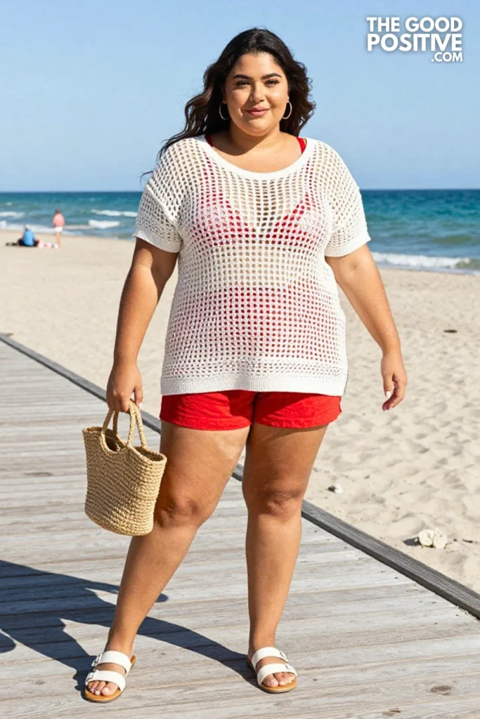 Plus Size White Crochet Cover-Up Top & Red High-Waisted Linen Shorts Outfit