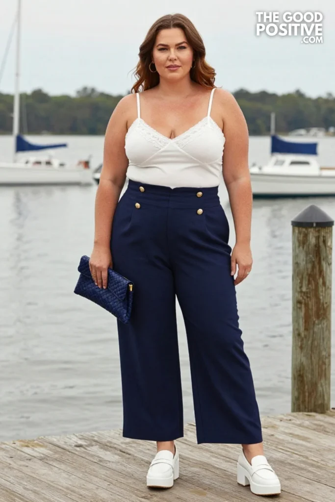 Plus Size White Lace-Trim Cami & Navy High-Waisted Sailor Trousers Outfit