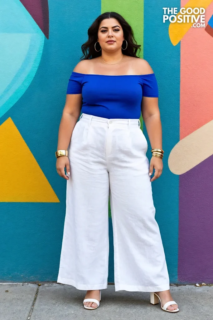 Plus Size Wide-Leg Linen Trousers and Off-Shoulder Crop Top Business Casual Outfit