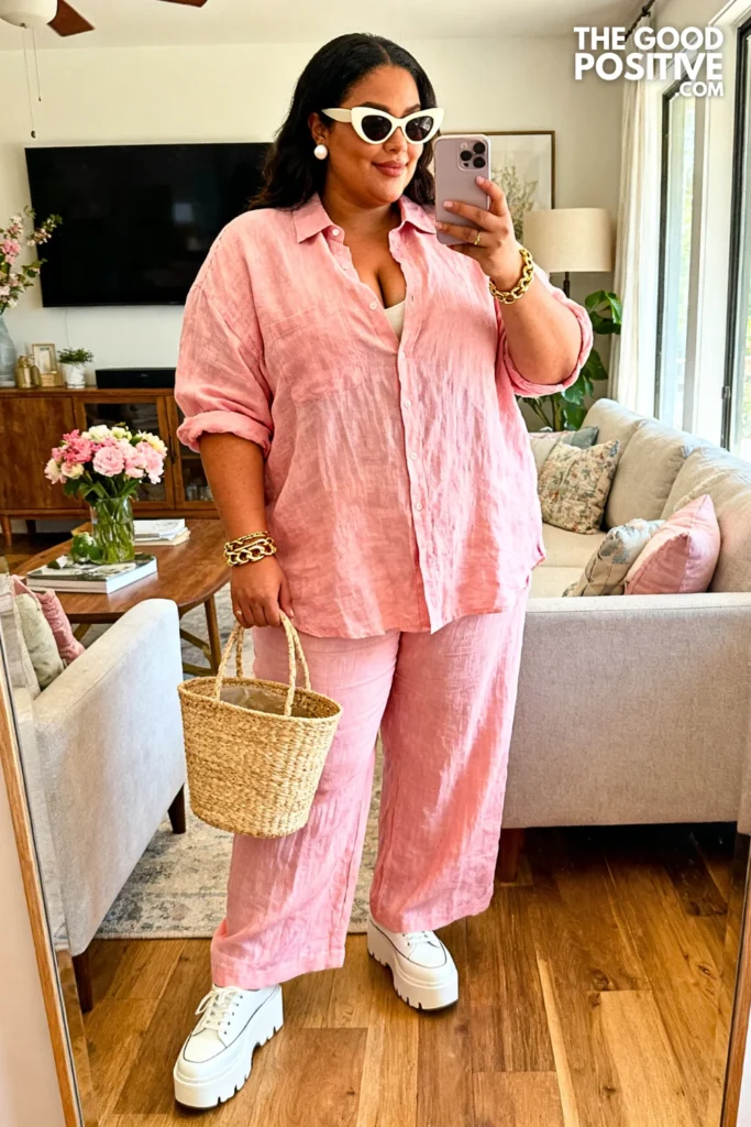 Blush Pink Linen Shirt And Wide Leg Trouser Set