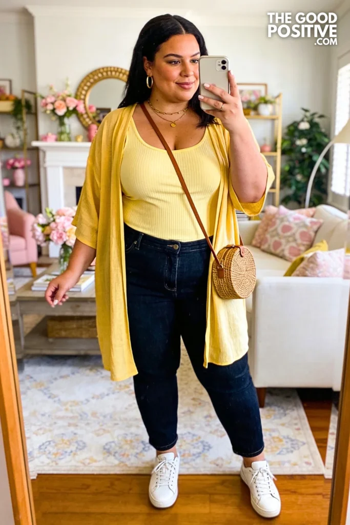 Butter Yellow Duster Cardigan With Tonal Tank And Straight Leg Jeans