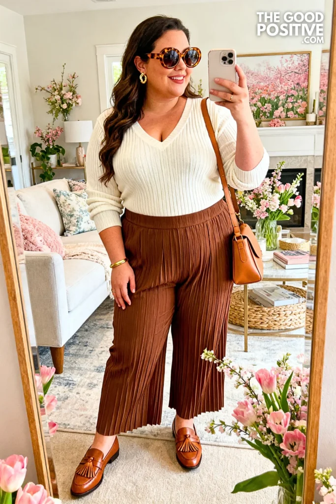 Chocolate Brown Pleated Trousers With Ivory Ribbed V Neck Knit