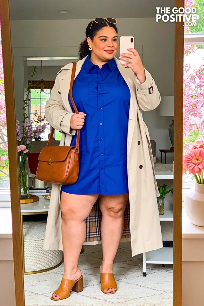 Cobalt Blue Shirt Dress With Open Beige Trench Coat