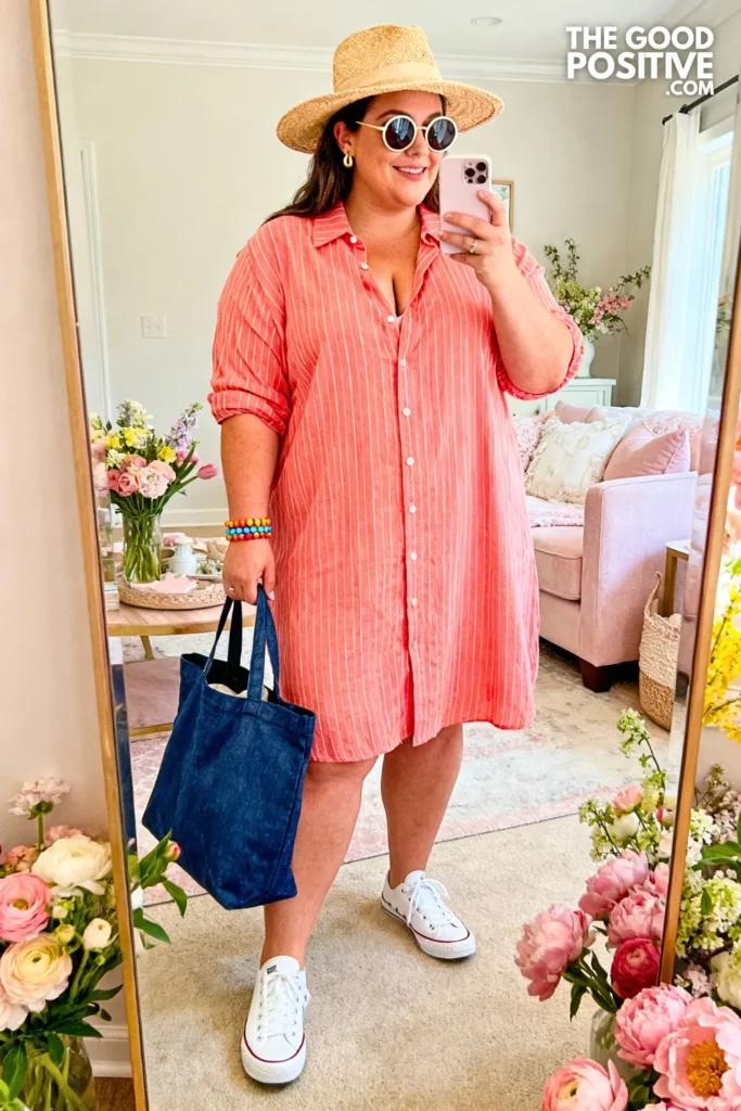 Coral Striped Shirt Dress With White Canvas Sneakers
