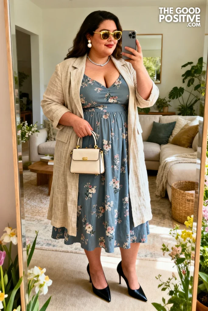 Dusty Blue Floral Empire Midi Dress With Longline Linen Blazer