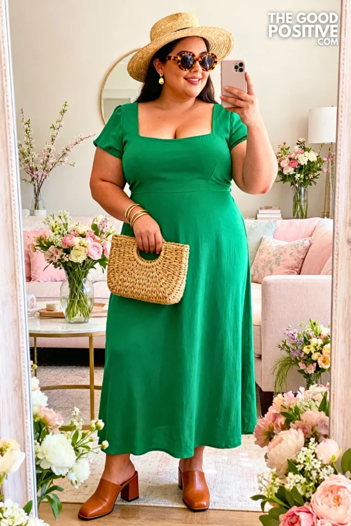 Emerald Green Square Neck Maxi Dress With Straw Fedora