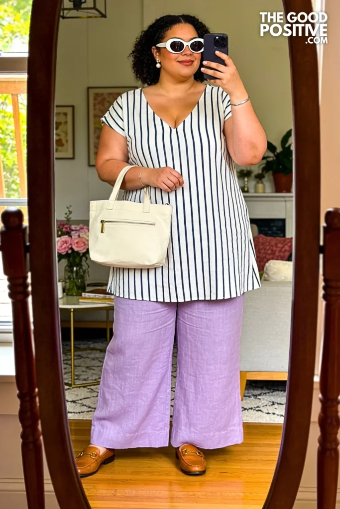 Lavender Wide Leg Linen Pants With Vertical Stripe Tunic