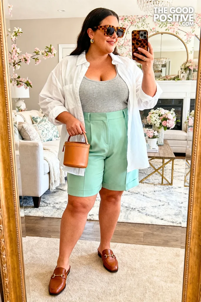 Mint Green Bermuda Shorts With Open White Poplin Shirt