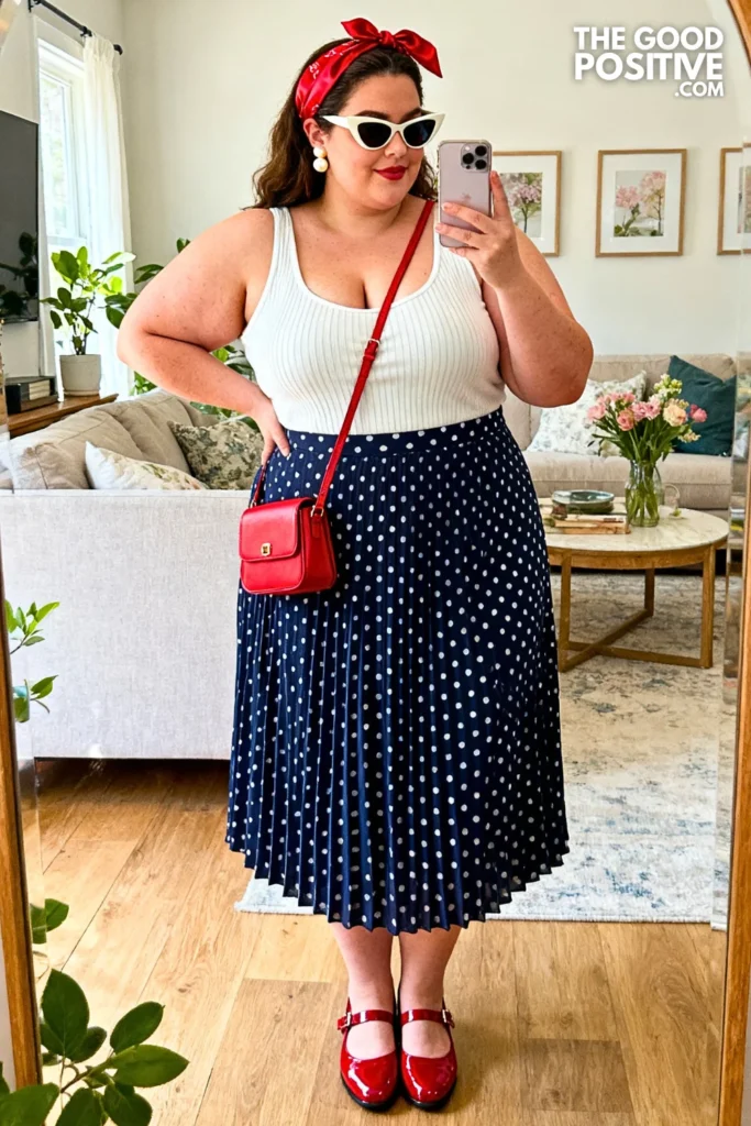 Navy Polka Dot Pleated Midi Skirt With Ivory Longline Tank