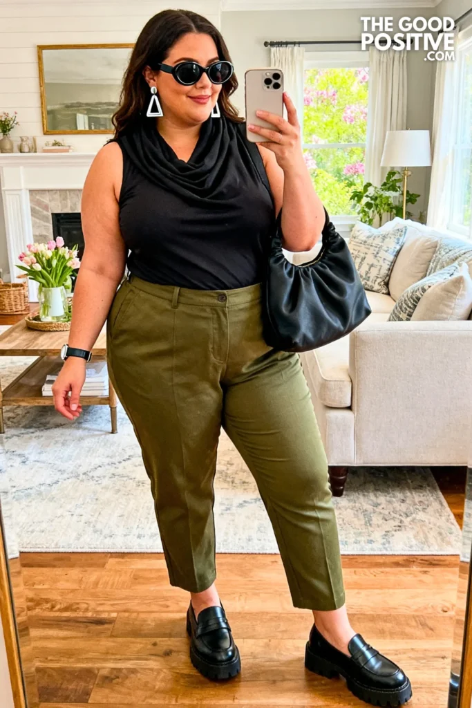 Olive Straight Leg Pants With Draped Cowl Neck Top