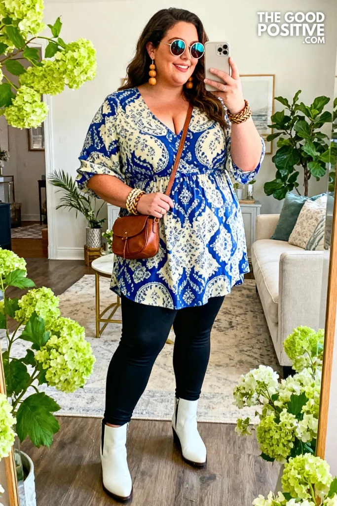 Paisley Print Tunic Dress With Black Leggings And White Ankle Boots