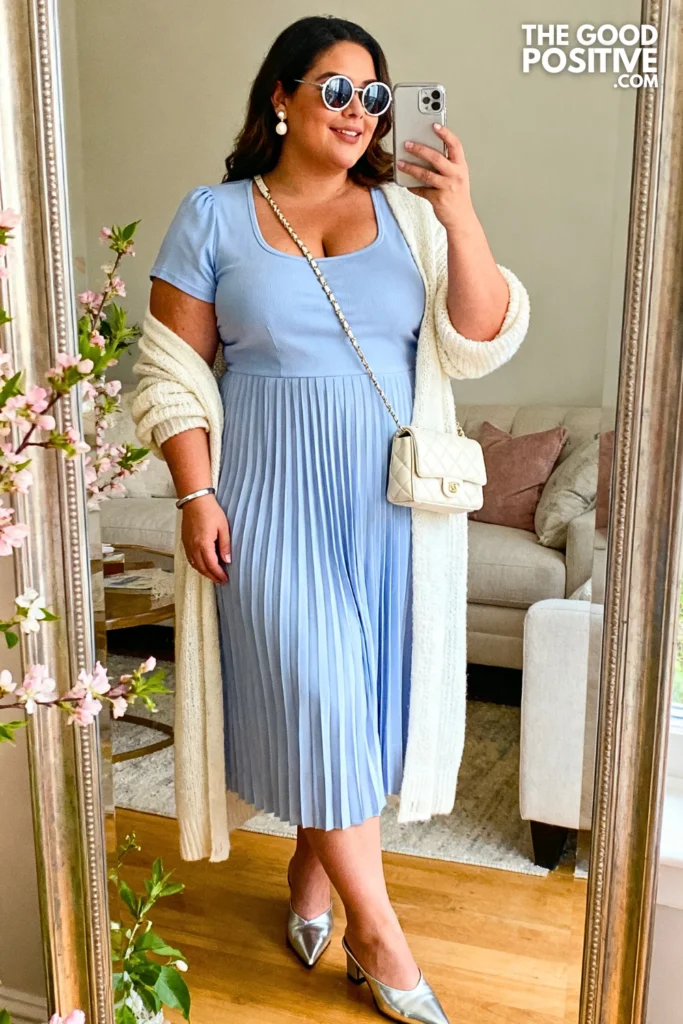 Periwinkle Pleated Midi Dress With Long Cream Cardigan