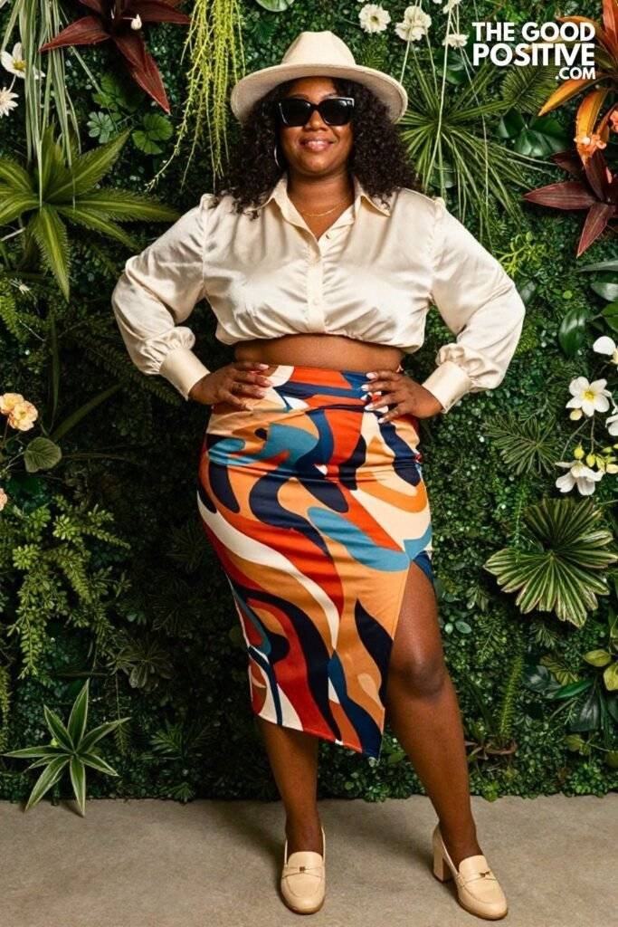 Plus Size Abstract Print Wrap Midi Skirt With Tucked Silk Blouse Outfit
