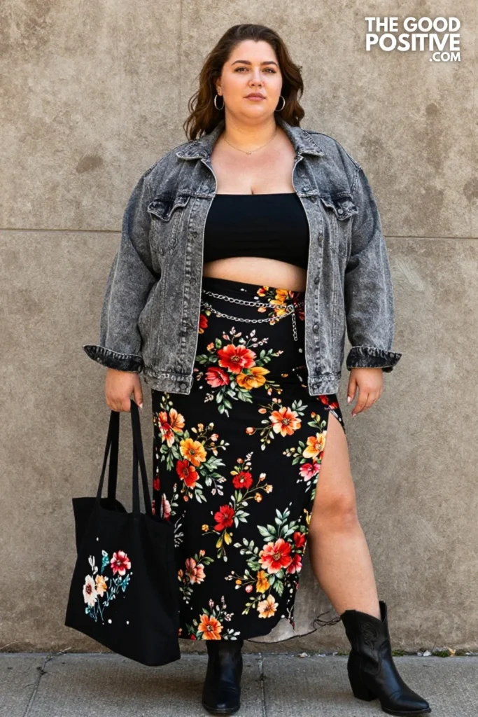 Plus Size Acid Wash Denim Jacket With Floral Maxi Skirt Outfit