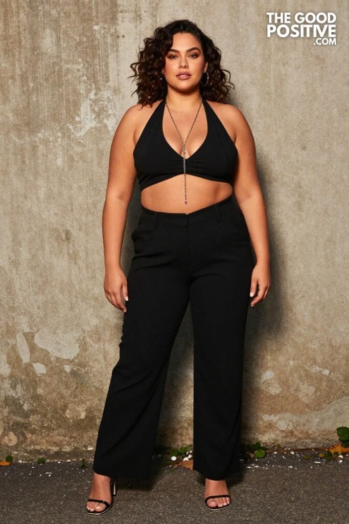 Plus Size Backless Halter Crop Top With Tailored Wide-Leg Pants Outfit