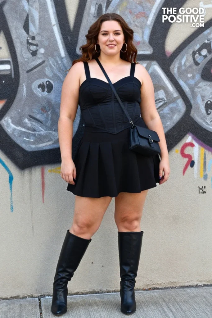 Plus Size Black Baddie Corset Top With Pleated Mini Skirt Outfit