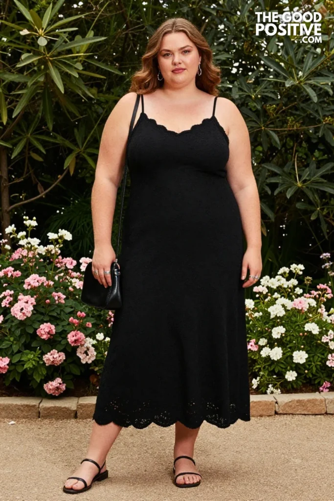 Plus Size Black Broderie Anglaise Maxi Dress With Strappy Flat Sandals Outfit
