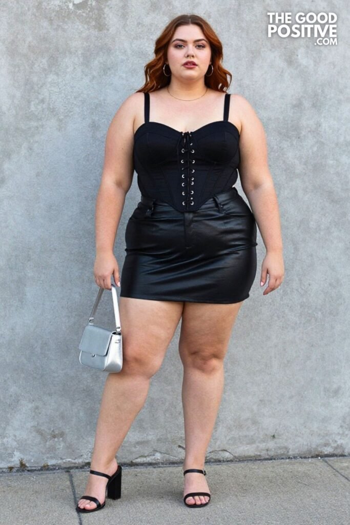 Plus Size Black Corset Top With High-Waist Faux Leather Mini Skirt Outfit
