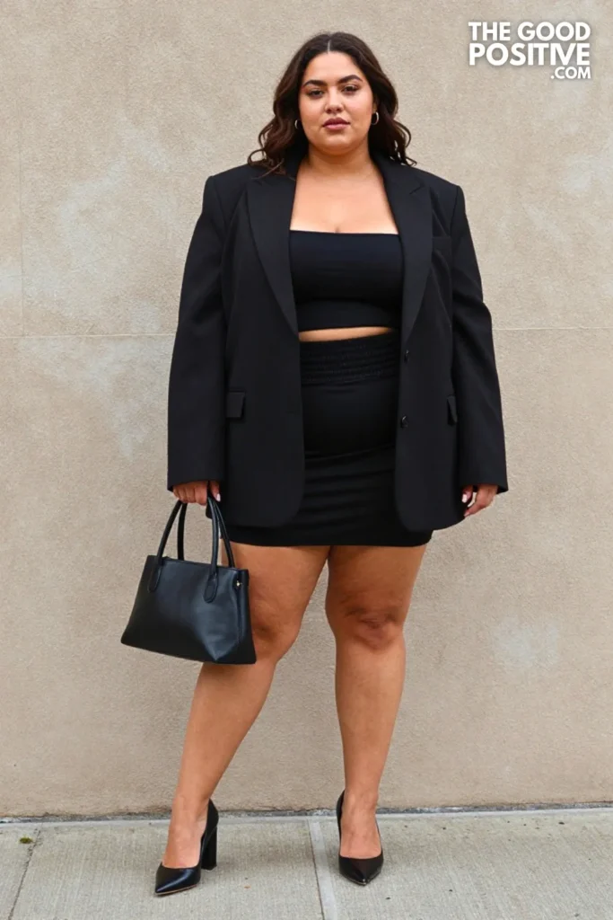 Plus Size Black Mini Skirt With Oversized Blazer Classy Work-To-Night Outfit