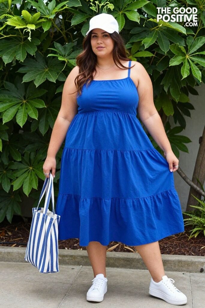 Plus Size Blue Tiered Ruffle Sundress With White Sneakers Casual Outfit