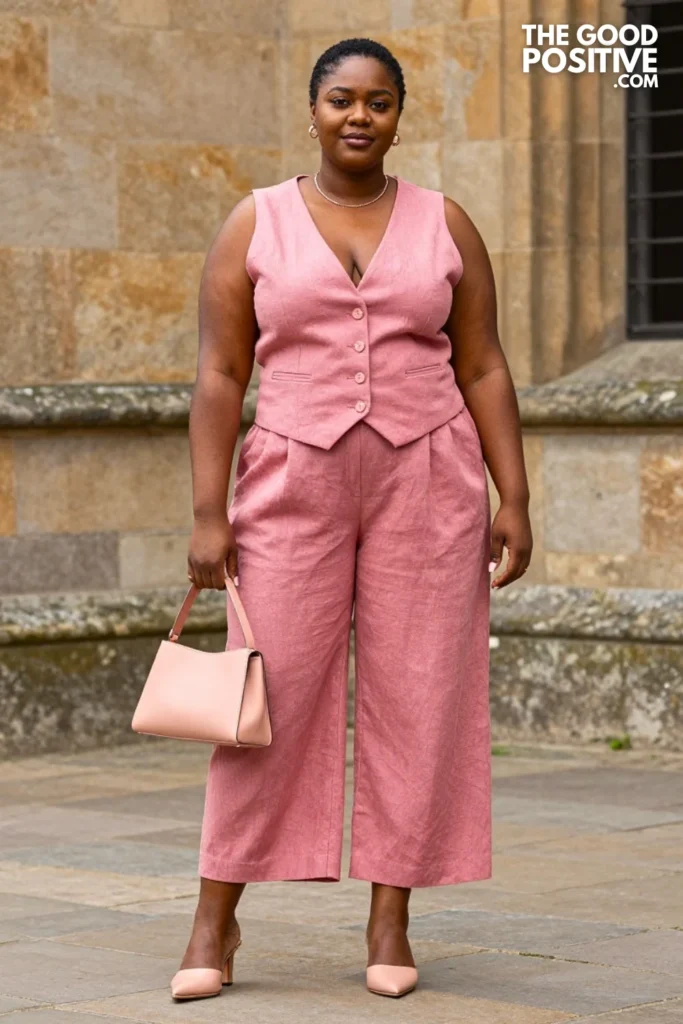Plus Size Blush Linen Pleated Culottes and Matching Structured Vest Outfit