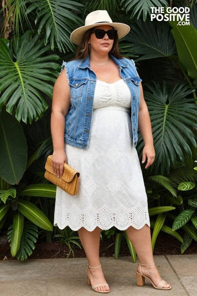 Plus Size Broderie Anglaise Midi Dress With Denim Jacket Outfit
